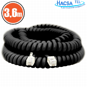Rugós, spirál kézibeszélő zsinór (4P/4C), 3,6m - fekete színben